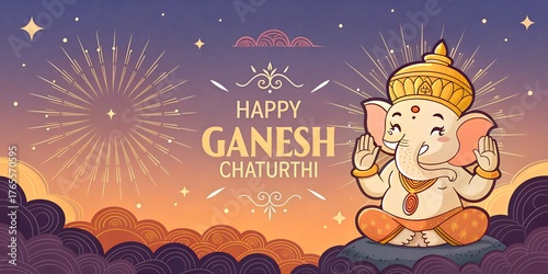 Happy Ganesh Chaturthi Adorable Glowing Cartoon Ganesha with Divine Energy and Cosmic Background