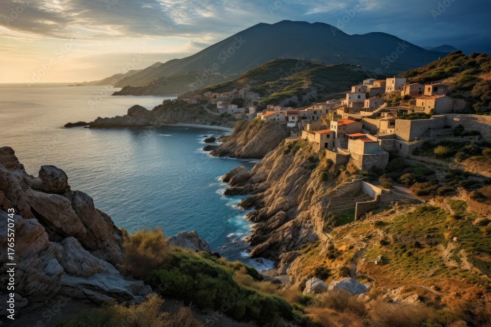 Fototapeta premium Picturesque village of nonza perched on a cliff overlooking the mediterranean sea at sunset, illuminated by golden light, in cap corse, france