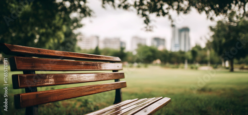 Fototapeta Naklejka Na Ścianę i Meble -  empty brown wooden bench in quiet city park surrounded by lush green trees under warm afternoon light, with blurred background enhancing depth and tranquil, reflective atmosphere of solitude