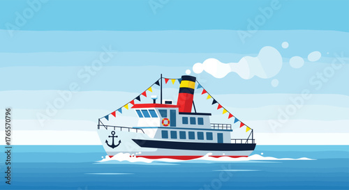 Vintage Steamboat Sailing on the Open Sea with Colorful Flags.