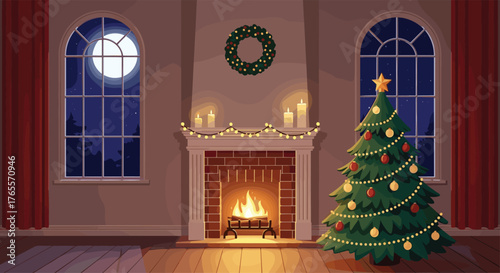 Cozy Christmas Eve Scene with Decorated Fireplace and Tree.