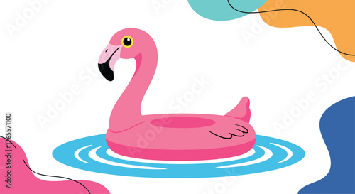 Pink flamingo pool floaty in water, summer fun and relaxation.