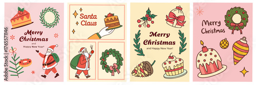 christmas cards :christmas collage with santa claus, gifts, wreaths, cakes and holiday cheer for poster, greeting card and flyer