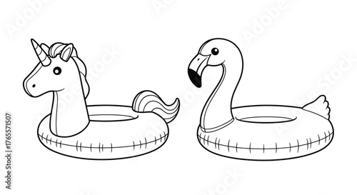Unicorn and Flamingo Pool Floats Line Art Illustration.