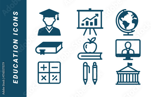 Academic Structure and Assessment Icons. Curriculum, Testing, Grading, and School Administration Symbols. Outline Vector Collection.