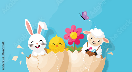 Easter eggshell with bunny chick lamb and flower illustration.