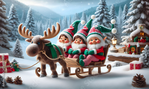Elfen und Wichtel  sitzen zur Weihnachtszeit in einem Schlitten mit Rentier und fahren durch eine verschneite Weihnachtslandschaft