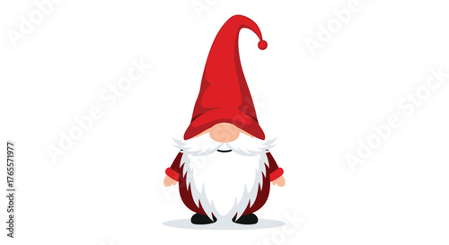 Charming garden gnome with a long red hat and white beard stands proudly.