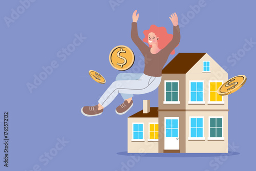 A happy woman celebrates buying her first home or a successful real estate investment. She jumps joyfully in front of her house as gold dollar coins fly, symbolizing property value , financial success