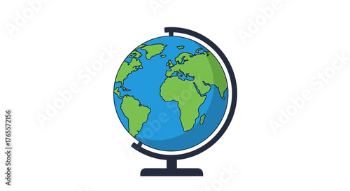 Clean flat design vector world globe icon on a stand, representing global geography, international travel, and education concepts, perfect for digital learning resources
