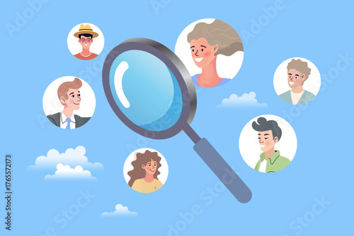 Searching for the right candidate or target audience. A magnifying glass focuses on diverse profile avatars, symbolizing recruitment, human resources research, or customer segmentation.