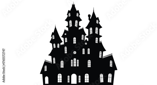 Spooky Haunted House Silhouette with Glowing Windows.