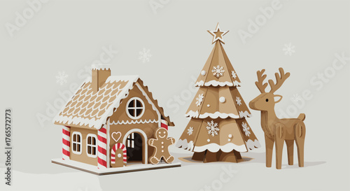 Festive gingerbread house Christmas tree and wooden reindeer decorations.