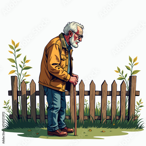 Elderly man with a cane standing by a wooden fence outdoors
