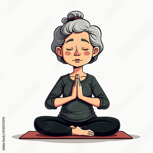 Senior woman with grey hair meditating in yoga lotus pose on a mat