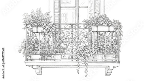 Architectural sketch drawing of an old vintage house facade with a bench and a window in black and white