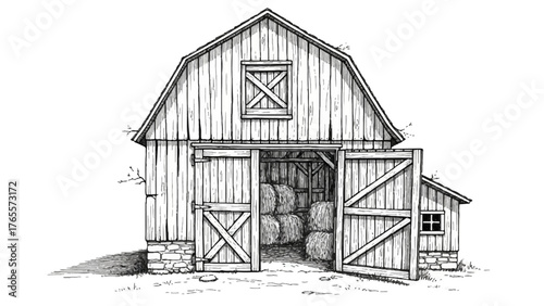 Old abandoned black and white wooden barn and farmhouse architecture in a snow-covered winter landscape