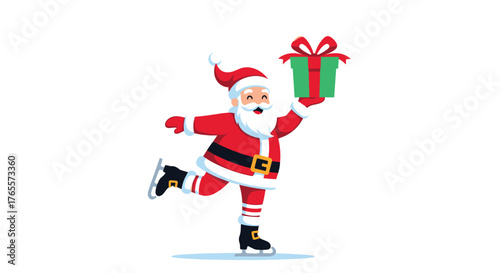 Santa Claus Ice Skating with Gift, Christmas Celebration.
