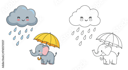 Cute elephant under umbrella enjoying rainy weather with happy cloud.