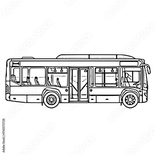 A line drawing of a city bus, viewed from the side, with open doors and visible seats and handrails inside.
