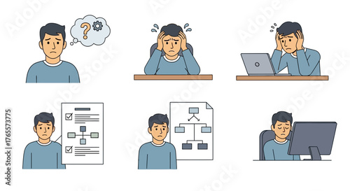 Illustrations depicting a stressed and confused man facing work challenges