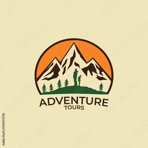 Mountain adventure logo with people and trees travel