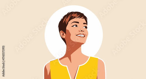 Optimistic illustration of a young woman with short hair looking up
