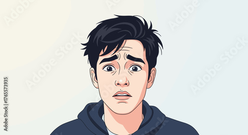 Cartoon illustration of a young man with worried expression and anxious eyes
