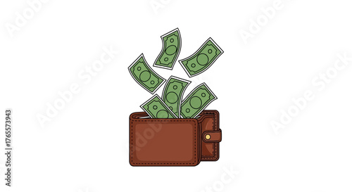 A brown wallet filled with green money bills illustration on white backdrop