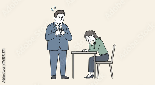 Worried businessman and frustrated businesswoman in office, depicting work pressure