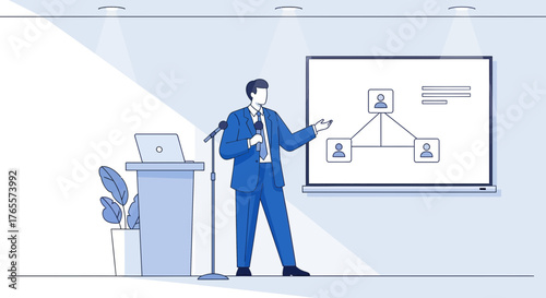 Professional speaker presenting organizational chart during a conference or training session