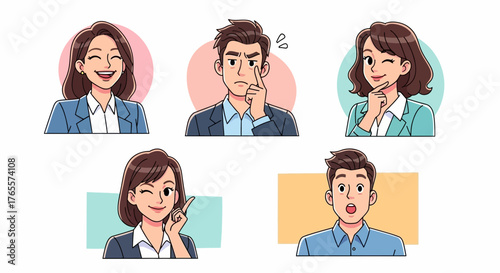 Diverse animated business characters showcasing emotions and expressions in illustrations