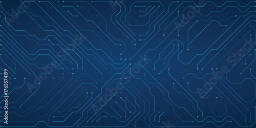 Abstract blue digital circuit board pattern with interconnected lines and nodes on a dark blue background representing technology and data flow
