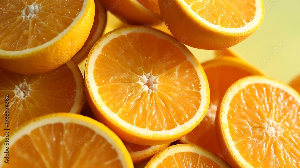 Fototapeta premium Fresh halved oranges showing juicy texture and vibrant citrus background