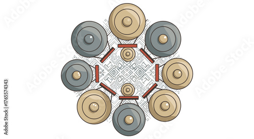 Abstract circular pattern with alternating beige and gray discs against a white background