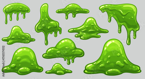 Collection of various cartoon green slime drips and gooey blobs elements