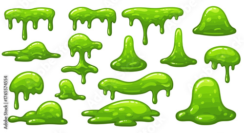 Collection of cartoon green slime vector illustrations for Halloween designs