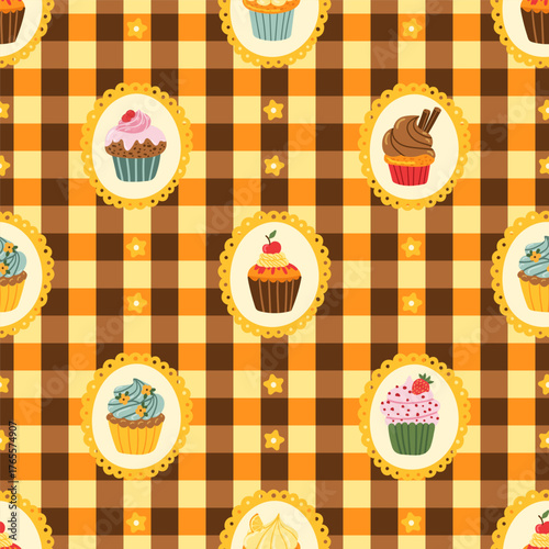 Cupcake Checkerboard tartan retro groovy background pastel tones seamless pattern