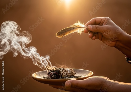 Person performing a smudging ritual with a burning sage stick and feather. Spiritual cleansing ceremony with white smoke for purification and healing. Mindfulness and wellness concept