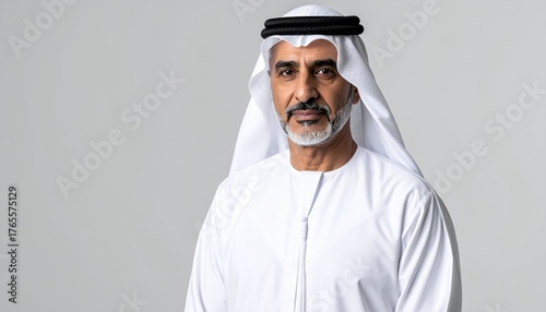 Studio Portrait of Middle Eastern Man Wearing White Kandura.