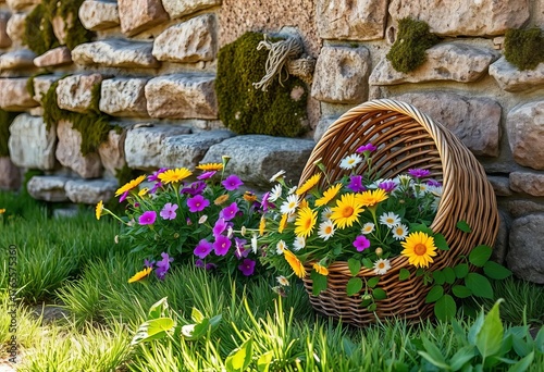 Sun-drenched wildflowers spilling from a rustic woven basket beside a moss-covered stone wall,  meadow,  enchanted