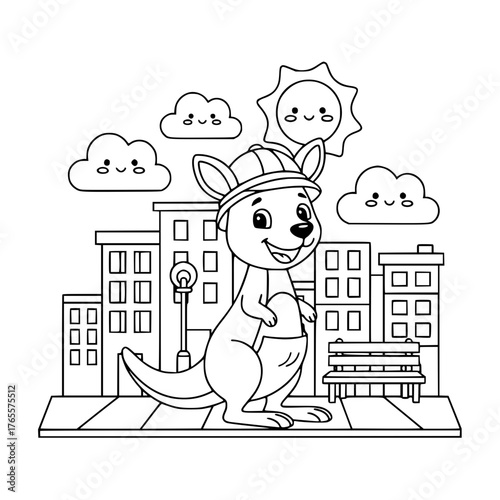Cheerful kangaroo in city with buildings and street light, simple coloring page for toddlers Generative ai 