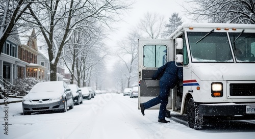 Male mail carrier entering truck in snowy residential street winter scene