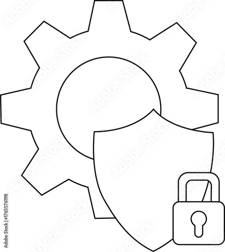 Gear shield and padlock outline a symbol or logo with clean lines and white background