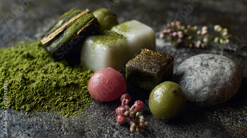 Deconstructed mochi with rice dough pieces, sweet red bean paste spheres, and matcha dust in a zen-inspired composition