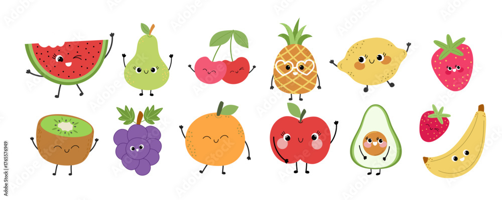 Obraz premium Happy smiling fruits vector collection set — friendly smiling characters for children’s books, stickers, classroom, and nursery designs.