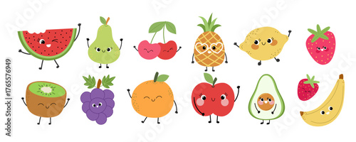 Happy smiling fruits vector collection set — friendly smiling characters for children’s books, stickers, classroom, and nursery designs.