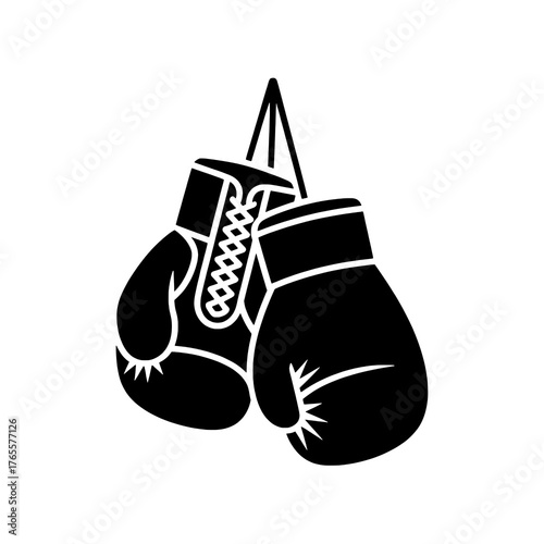 Classic Pair of Hanging Boxing Gloves Icon, Solid Black Silhouette with White Details