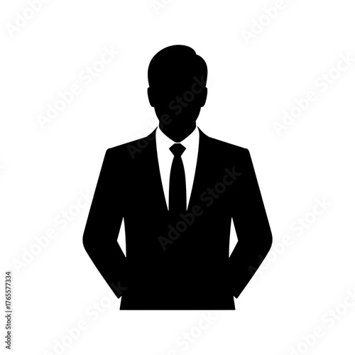 Solid Black Silhouette Icon of a Businessman in a Suit with White Collar and Tie Detail, Flat Vector Style, Centered on a White Background