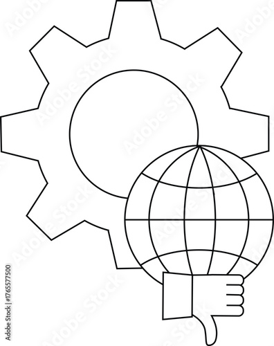 A cogwheel overlaps a globe above a thumbsdown icon all outlined in black